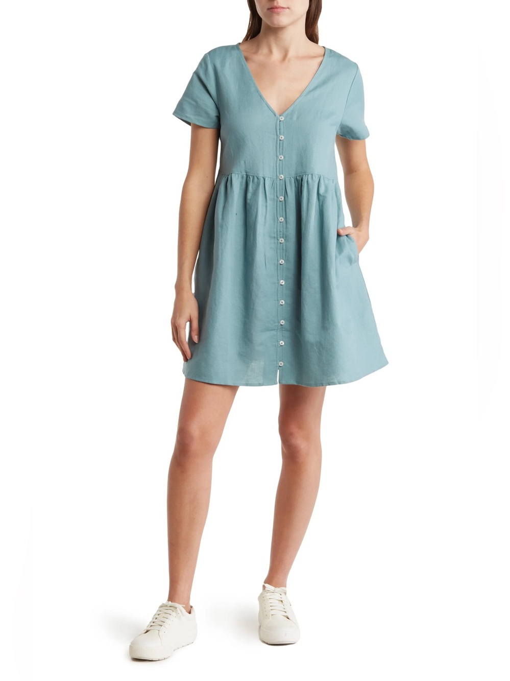 Madewell Linen Blend Alexandra V-Neck Button Front Mini Dress